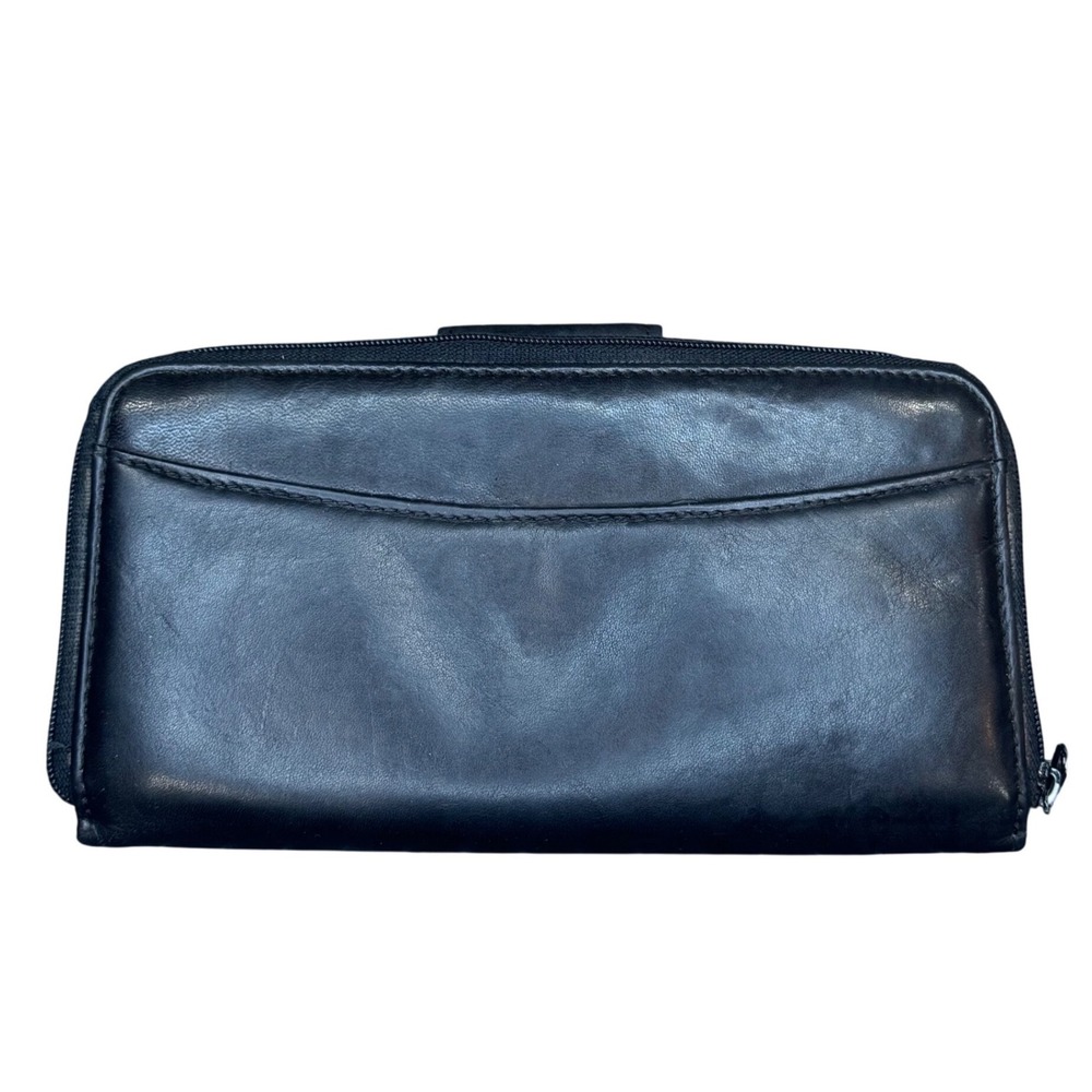 Genuine Leather‎ Continental Wallet Black Zip Around Snap Tab Card Organizer